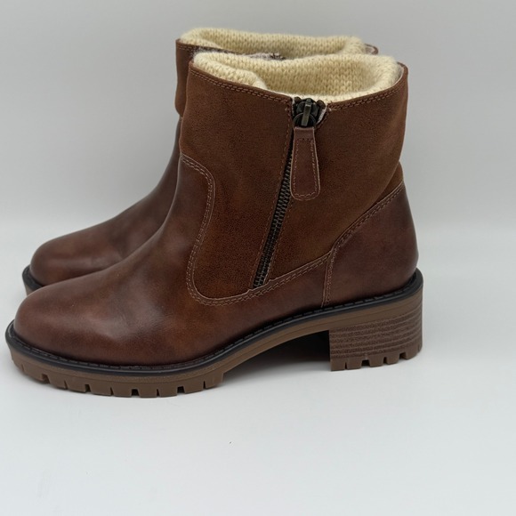 Sporto Shoes - Sporto Womens Brown Ankle Boots Knit Collar Side Zip Lug Sole Block Heel Booties